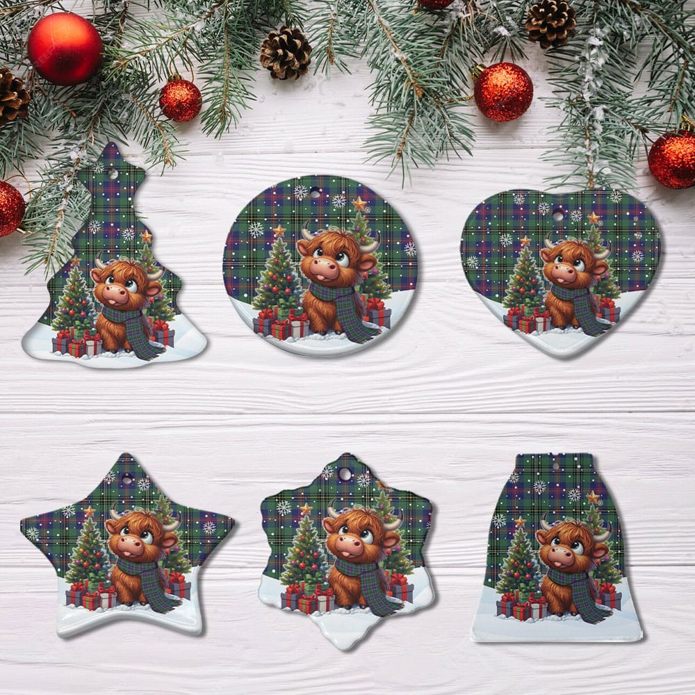ScotsTee Shop Scottish Wood Modern Clan Tartan Ceramic Ornament Cute Highland Cow Christmas