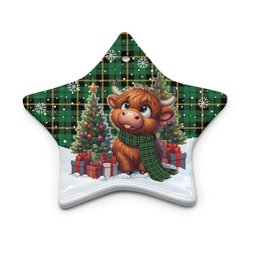 ScotsTee Shop Scottish Wallace Hunting - Green Clan Tartan Ceramic Ornament Cute Highland Cow Christmas