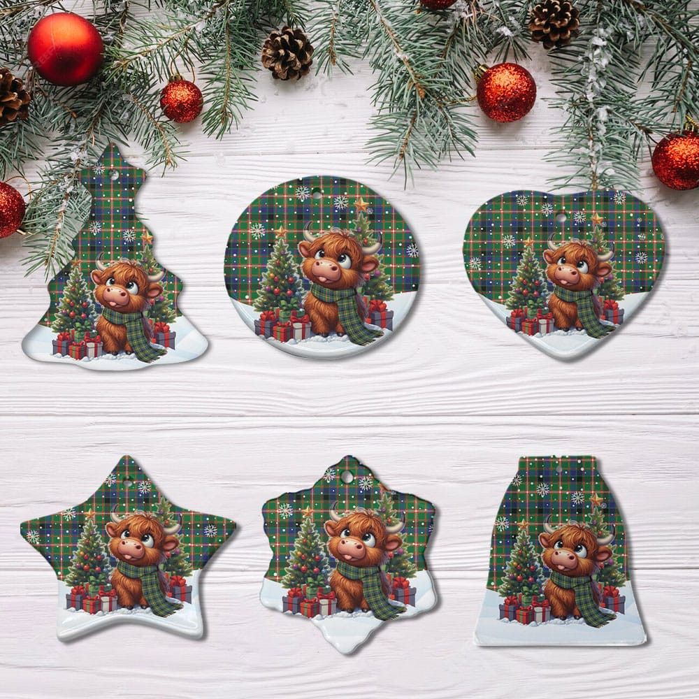 ScotsTee Shop Scottish Reid Green Clan Tartan Ceramic Ornament Cute Highland Cow Christmas