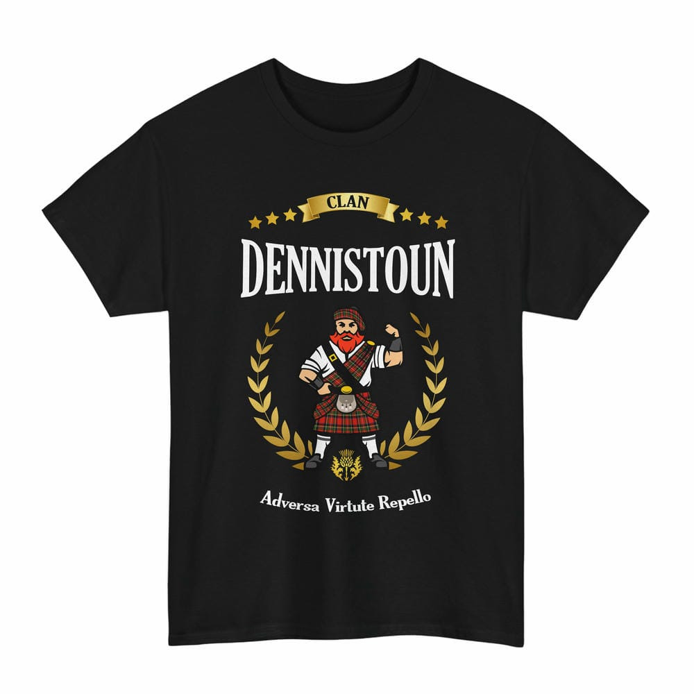 ScotsTee Shop Scottish Dennistoun Clan Tartan T-Shirt - Motto Scotsman