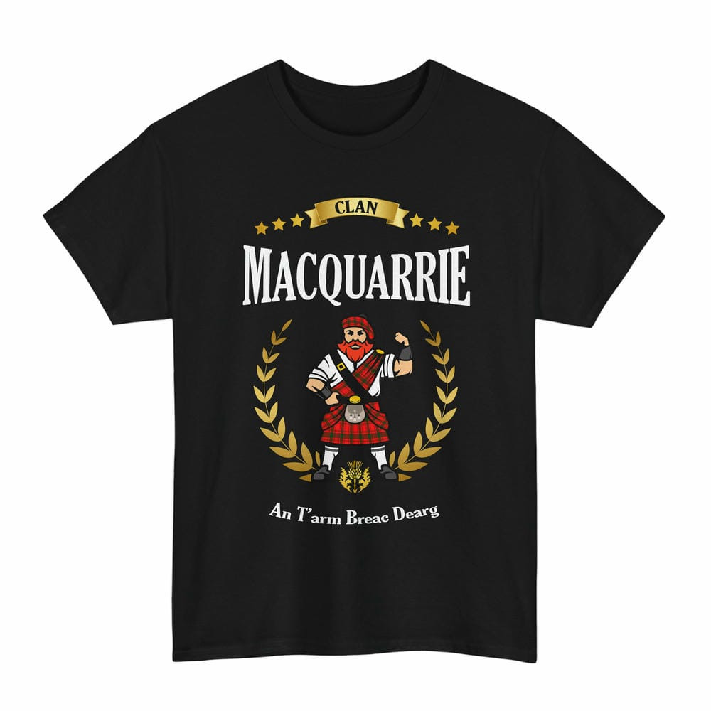 ScotsTee Shop Scottish MacQuarrie Clan Tartan T-Shirt - Motto Scotsman