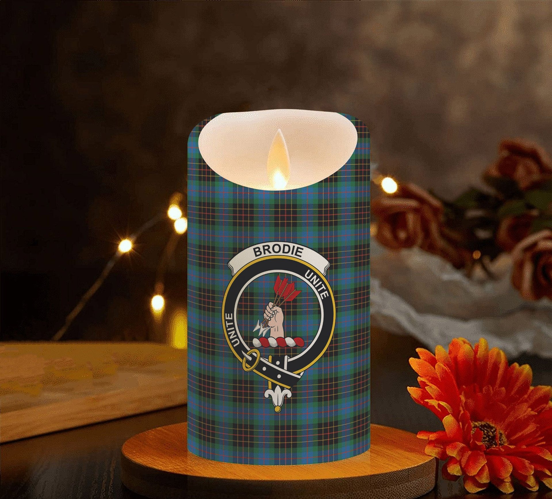 ScotsTee Shop Scottish Brodie Hunting Ancient Crest Tartan Flameless Candles