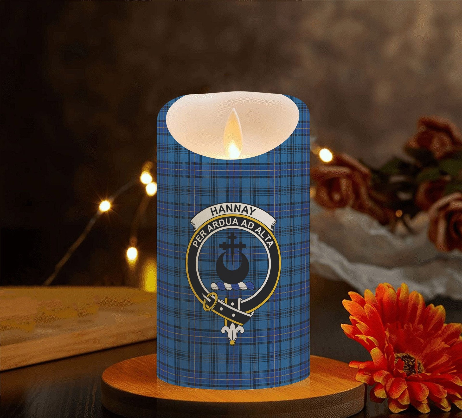 ScotsTee Shop Scottish Hannay Blue Modern Crest Tartan Flameless Candles