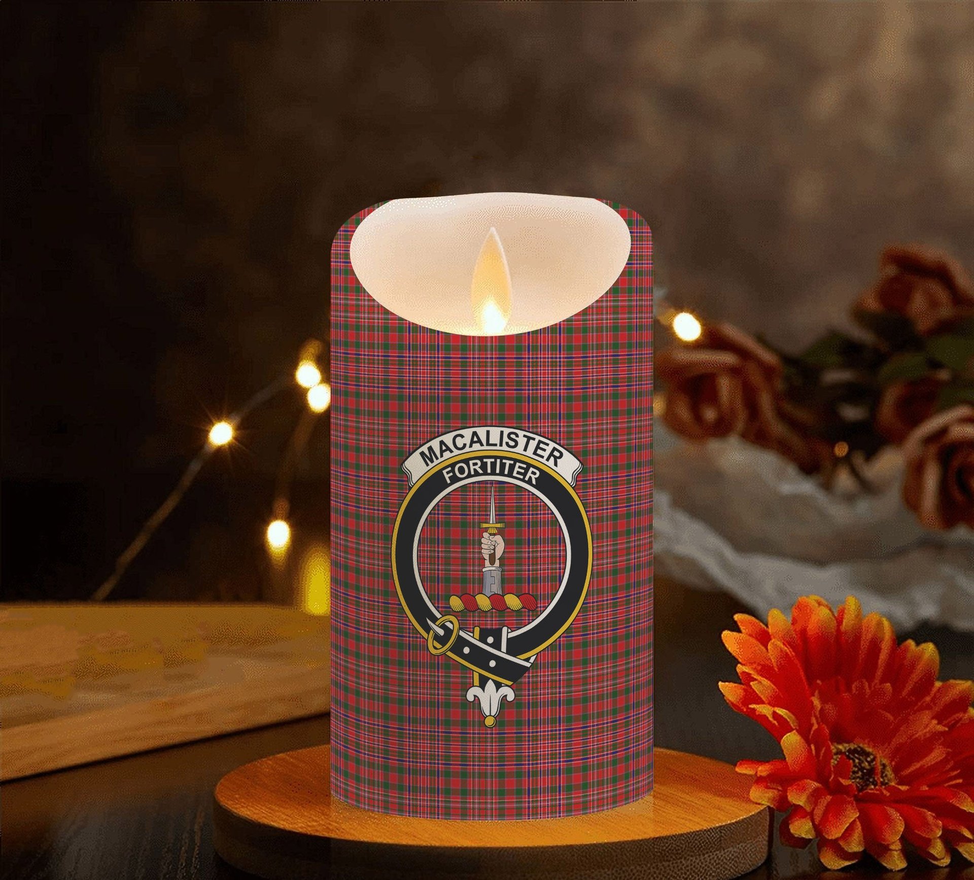 ScotsTee Shop Scottish MacAlister Modern SC Crest Tartan Flameless Candles