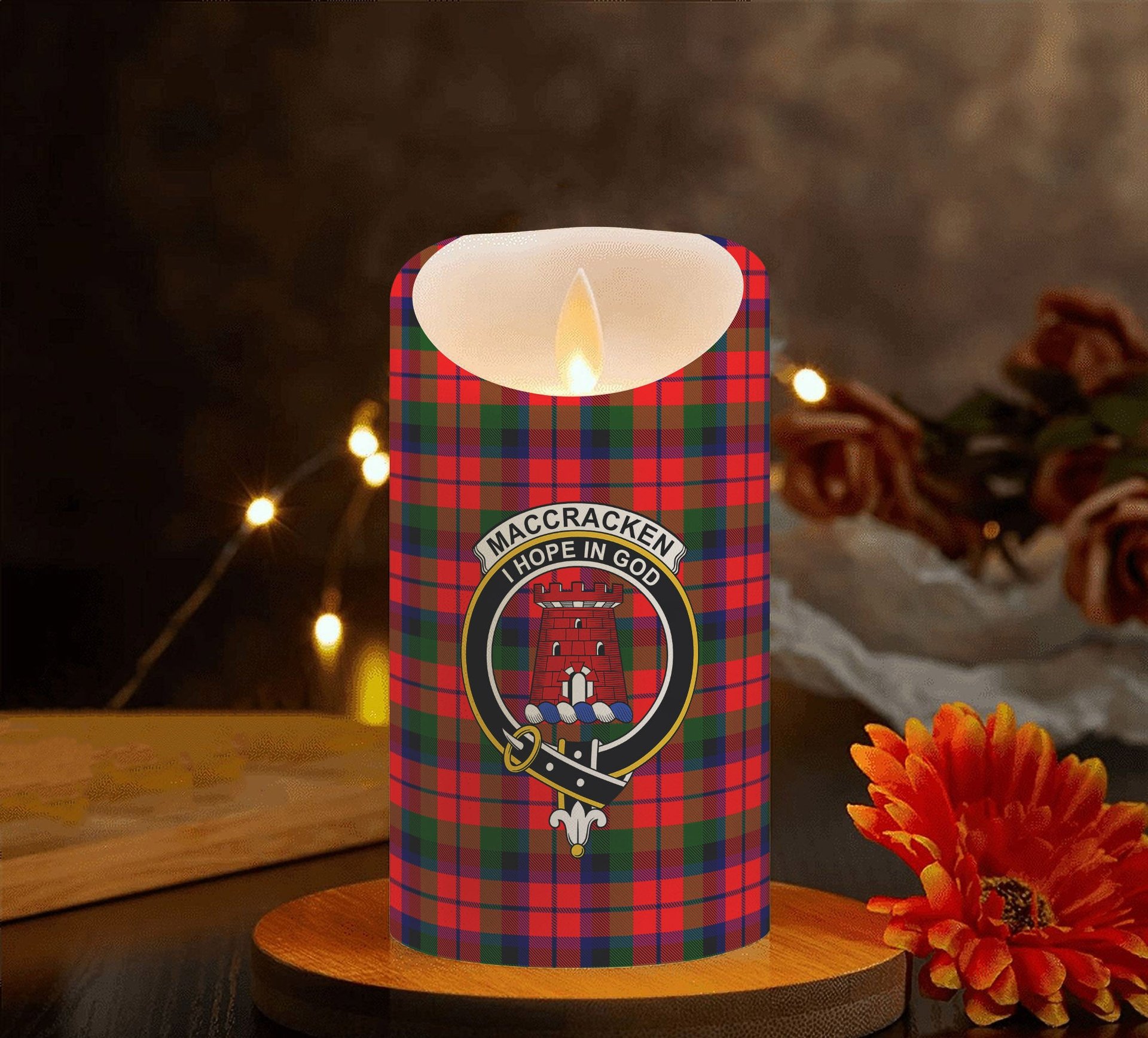ScotsTee Shop Scottish MacCracken Modern Crest Tartan Flameless Candles