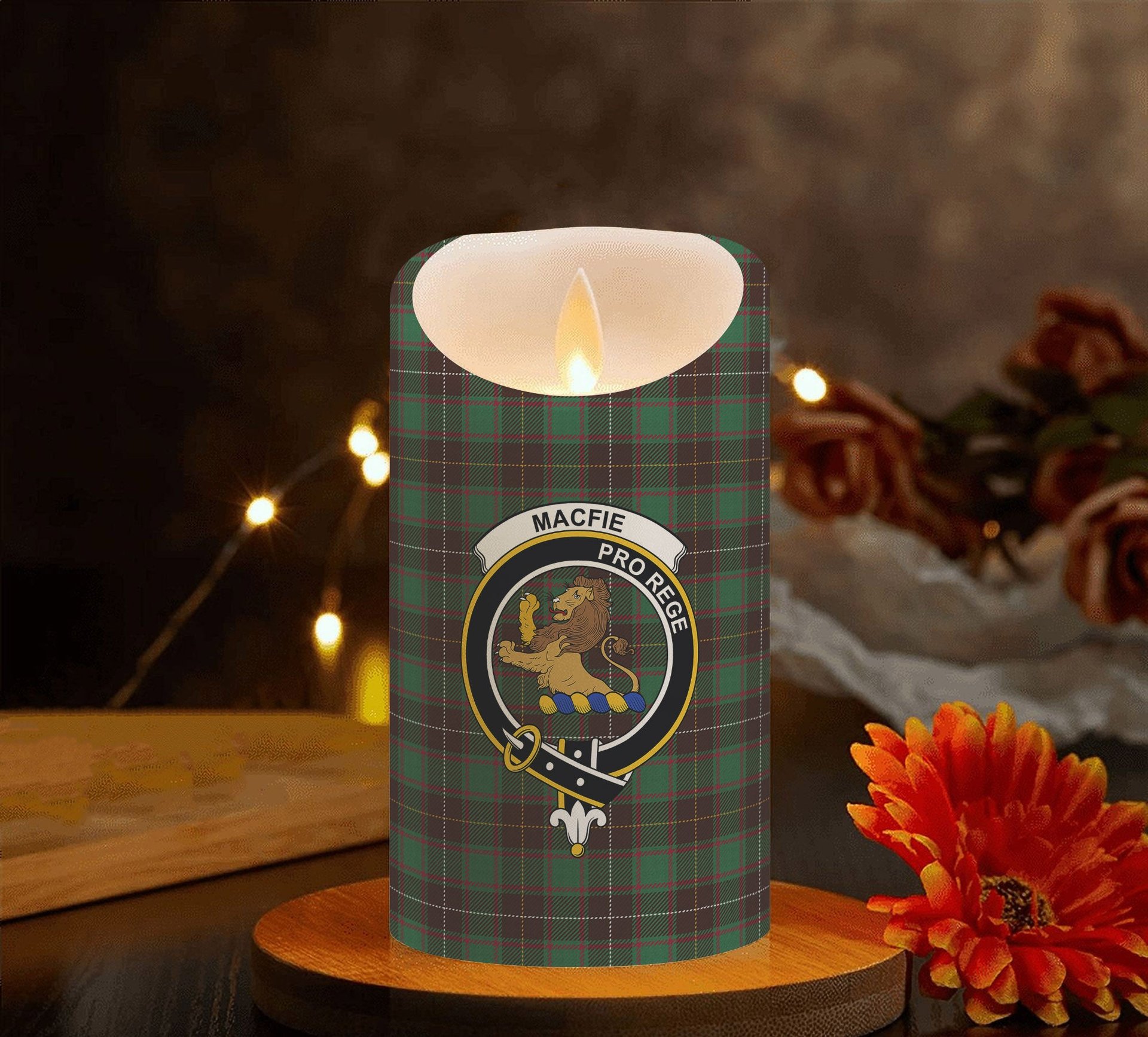 ScotsTee Shop Scottish MacFie Hunting Modern Crest Tartan Flameless Candles