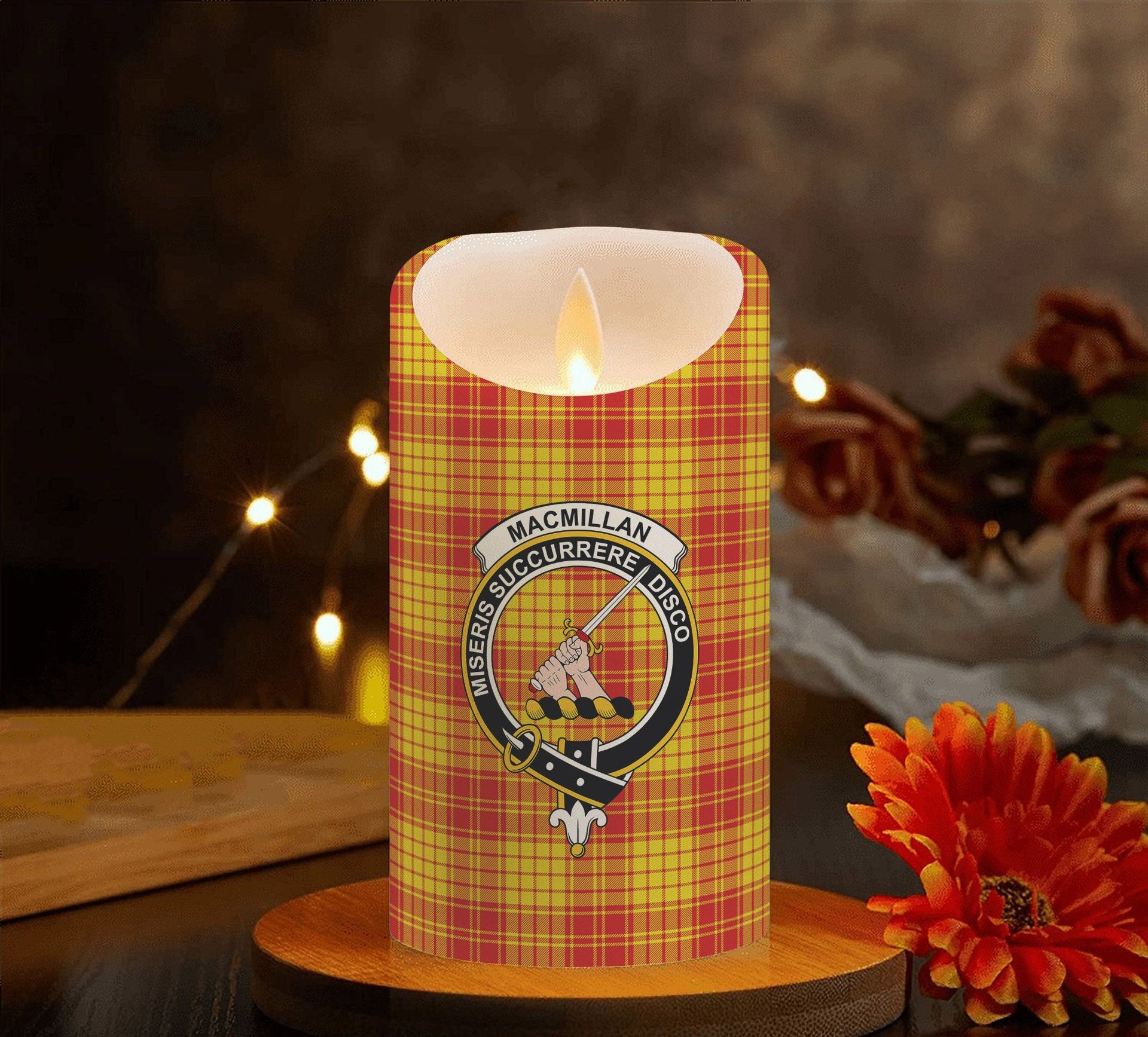 ScotsTee Shop Scottish MacMillan Dress Modern Crest Tartan Flameless Candles