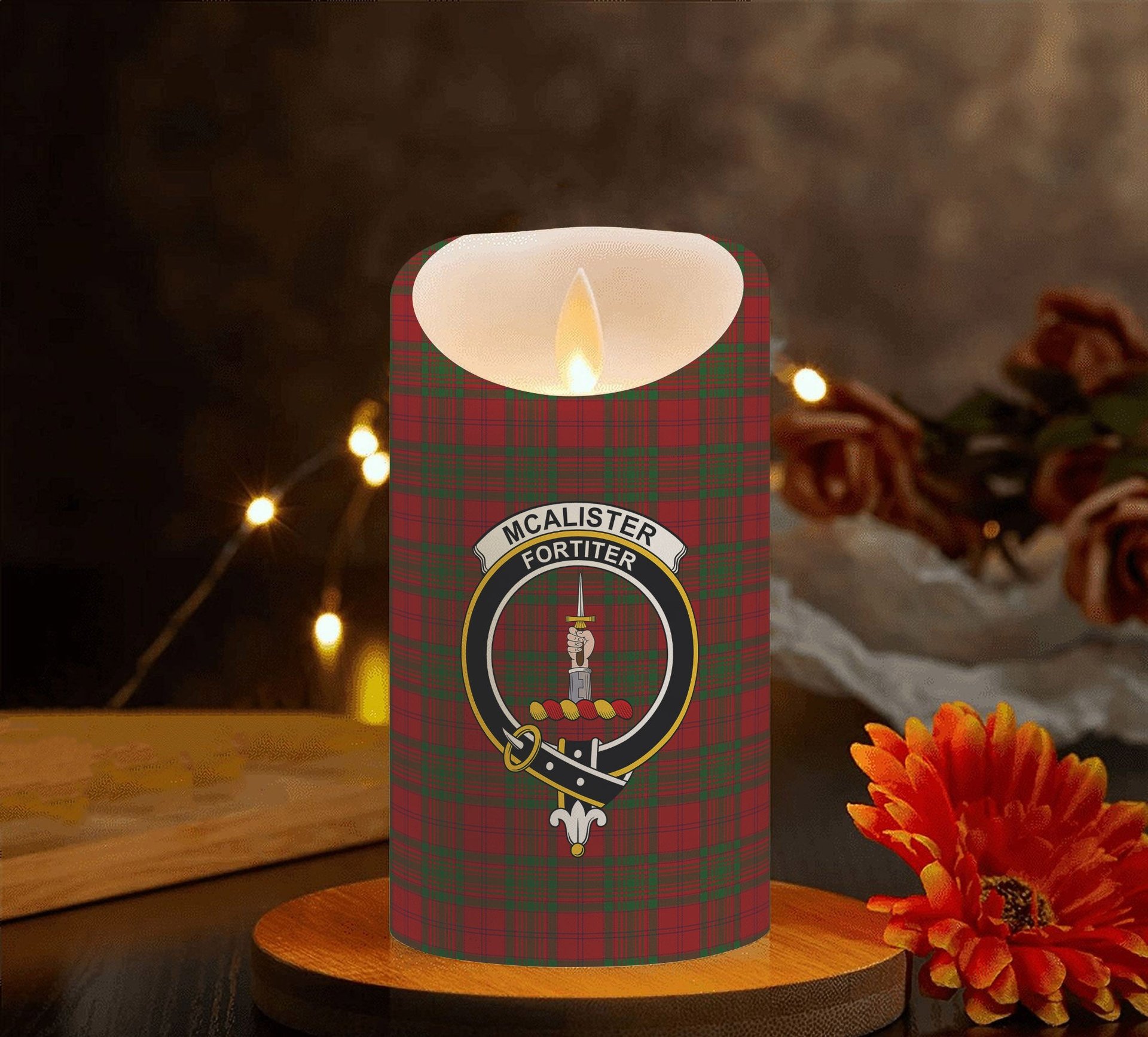 ScotsTee Shop Scottish McAlister of Glenbarr Crest Tartan Flameless Candles