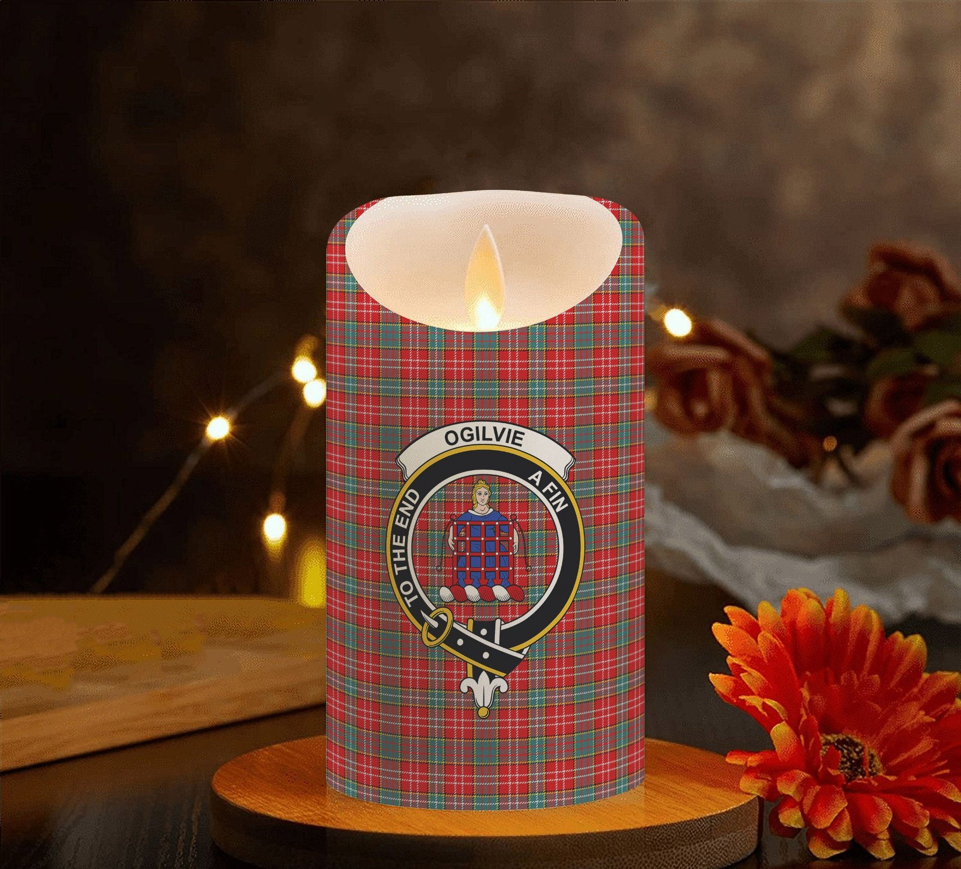 ScotsTee Shop Scottish Ogilvie (Ogilvy) Modern Crest Tartan Flameless Candles