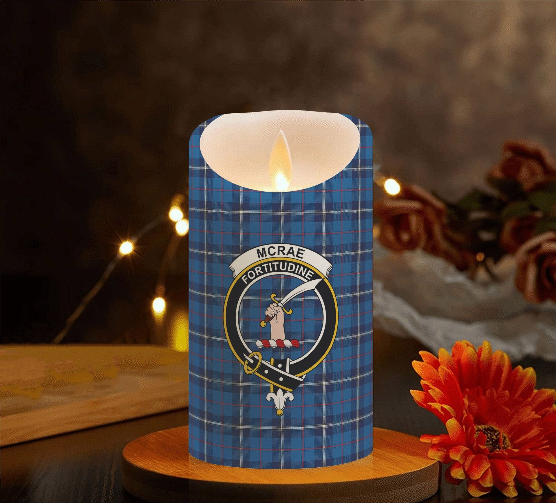 ScotsTee Shop Scottish McRae of America Modern Crest Tartan Flameless Candles