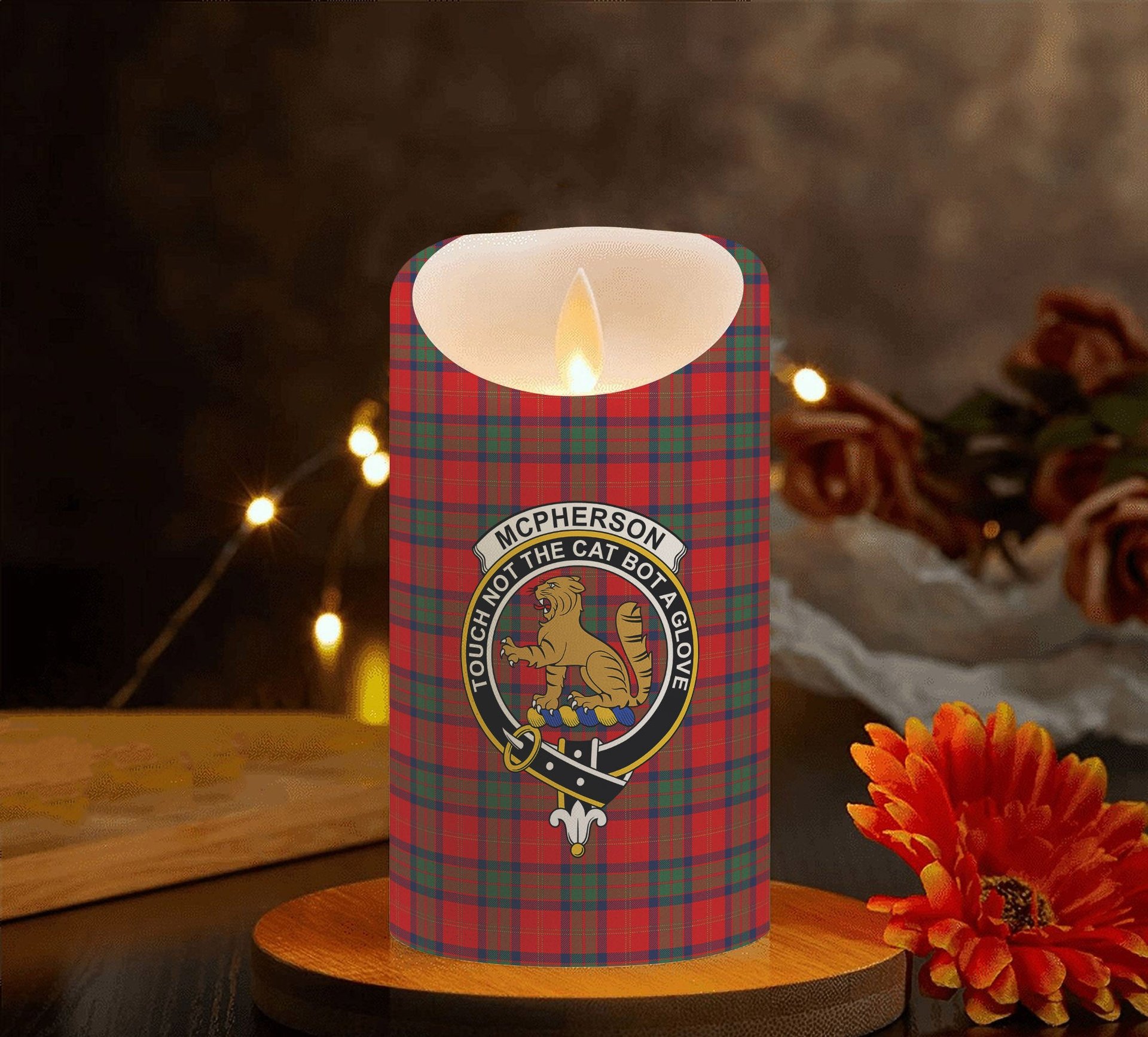 ScotsTee Shop Scottish McPherson of Cluny Modern Crest Tartan Flameless Candles