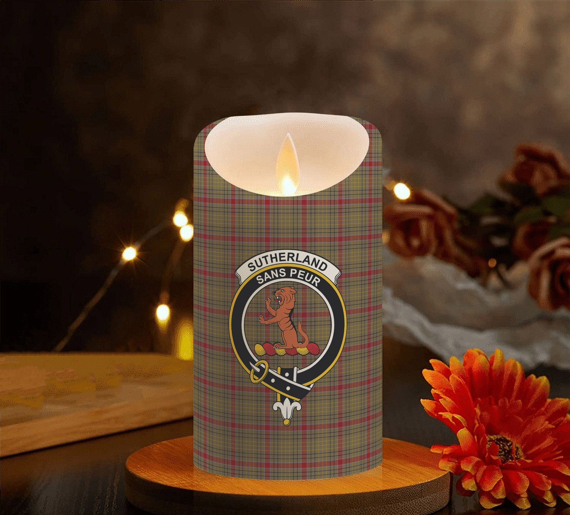 ScotsTee Shop Scottish Sutherland of Duffus Crest Tartan Flameless Candles
