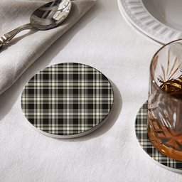 ScotsTee Shop Scottish Menzies Black & White Ancient Tartan Drinks Coasters – Wood, Rubber, Ceramic
