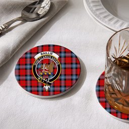 ScotsTee Shop Scottish Baillie of Polkemmet Red Modern Crest Tartan Drinks Coasters – Wood, Rubber, Ceramic