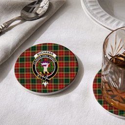 ScotsTee Shop Scottish Buchanan of Leny Crest Tartan Drinks Coasters – Wood, Rubber, Ceramic
