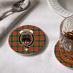 ScotsTee Shop Scottish Baxter of Balgavies Modern Crest Tartan Drinks Coasters – Wood, Rubber, Ceramic