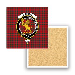 ScotsTee Shop Scottish Brown of Castledean (Broun of Castledean) Modern Crest Tartan Drinks Coasters – Wood, Rubber, Ceramic