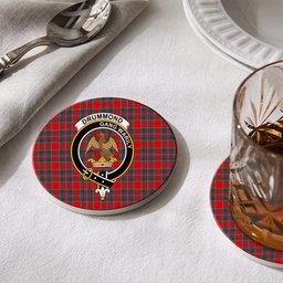 ScotsTee Shop Scottish Drummond of Perth Modern Crest Tartan Drinks Coasters – Wood, Rubber, Ceramic
