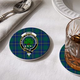ScotsTee Shop Scottish Irvine of Bonshaw Modern Crest Tartan Drinks Coasters – Wood, Rubber, Ceramic