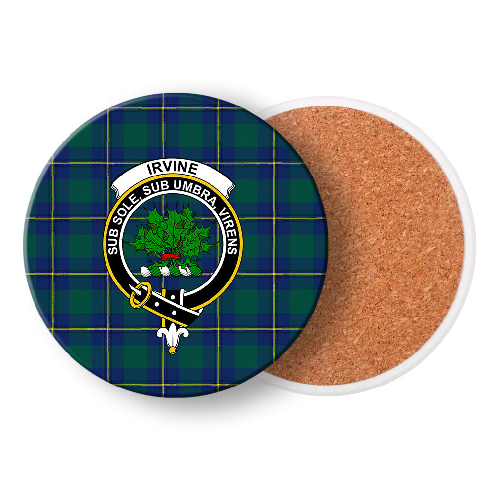ScotsTee Shop Scottish Irvine of Bonshaw Modern Crest Tartan Drinks Coasters – Wood, Rubber, Ceramic