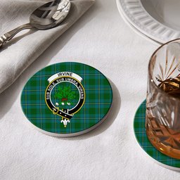 ScotsTee Shop Scottish Irvine of Bonshaw Crest Tartan Drinks Coasters – Wood, Rubber, Ceramic