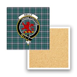 ScotsTee Shop Scottish Kelly of Sleat Hunting Modern Crest Tartan Drinks Coasters – Wood, Rubber, Ceramic