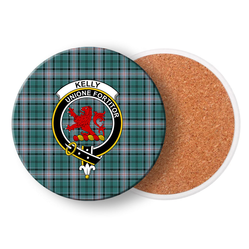 ScotsTee Shop Scottish Kelly of Sleat Hunting Modern Crest Tartan Drinks Coasters – Wood, Rubber, Ceramic