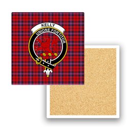 ScotsTee Shop Scottish Kelly of Sleat Red Modern Crest Tartan Drinks Coasters – Wood, Rubber, Ceramic