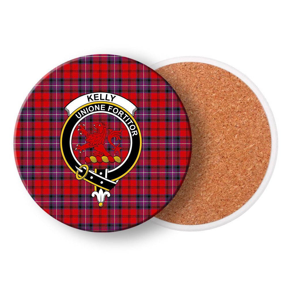 ScotsTee Shop Scottish Kelly of Sleat Red Modern Crest Tartan Drinks Coasters – Wood, Rubber, Ceramic