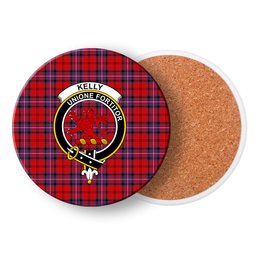 ScotsTee Shop Scottish Kelly of Sleat Red Modern Crest Tartan Drinks Coasters – Wood, Rubber, Ceramic