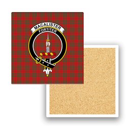 ScotsTee Shop Scottish MacAlister of Glenbarr Modern Crest Tartan Drinks Coasters – Wood, Rubber, Ceramic