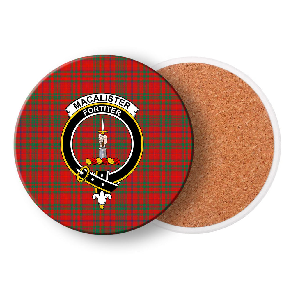 ScotsTee Shop Scottish MacAlister of Glenbarr Modern Crest Tartan Drinks Coasters – Wood, Rubber, Ceramic