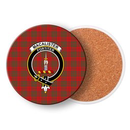 ScotsTee Shop Scottish MacAlister of Glenbarr Modern Crest Tartan Drinks Coasters – Wood, Rubber, Ceramic