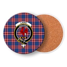 ScotsTee Shop Scottish Laing of Archiestown Modern Crest Tartan Drinks Coasters – Wood, Rubber, Ceramic
