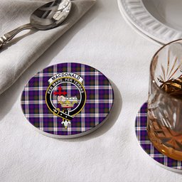 ScotsTee Shop Scottish MacDonald Dress Modern SC Crest Tartan Drinks Coasters – Wood, Rubber, Ceramic