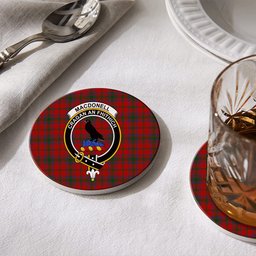ScotsTee Shop Scottish MacDonell of Glengarry 4 Crest Tartan Drinks Coasters – Wood, Rubber, Ceramic