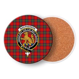 ScotsTee Shop Scottish MacPherson of Cluny Modern Crest Tartan Drinks Coasters – Wood, Rubber, Ceramic