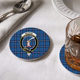 ScotsTee Shop Scottish MacRae of America Modern Crest Tartan Drinks Coasters – Wood, Rubber, Ceramic