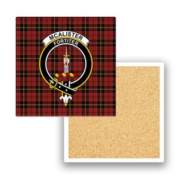 ScotsTee Shop Scottish McAlister of Skye Crest Tartan Drinks Coasters – Wood, Rubber, Ceramic