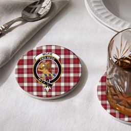 ScotsTee Shop Scottish McFie Dress Modern Crest Tartan Drinks Coasters – Wood, Rubber, Ceramic