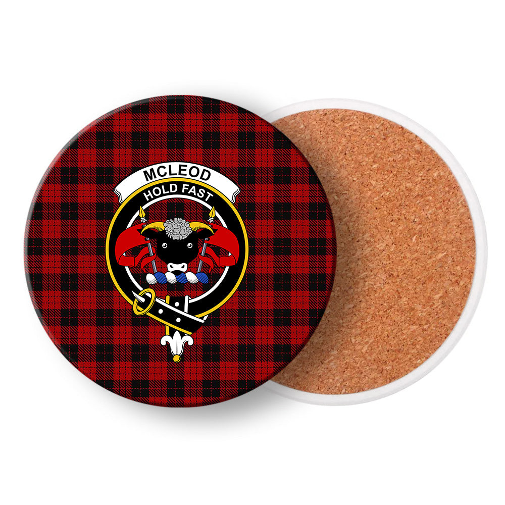 ScotsTee Shop Scottish McLeod Black and Red Crest Tartan Drinks Coasters – Wood, Rubber, Ceramic
