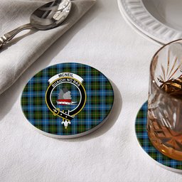 ScotsTee Shop Scottish McNeil of Barra Crest Tartan Drinks Coasters – Wood, Rubber, Ceramic