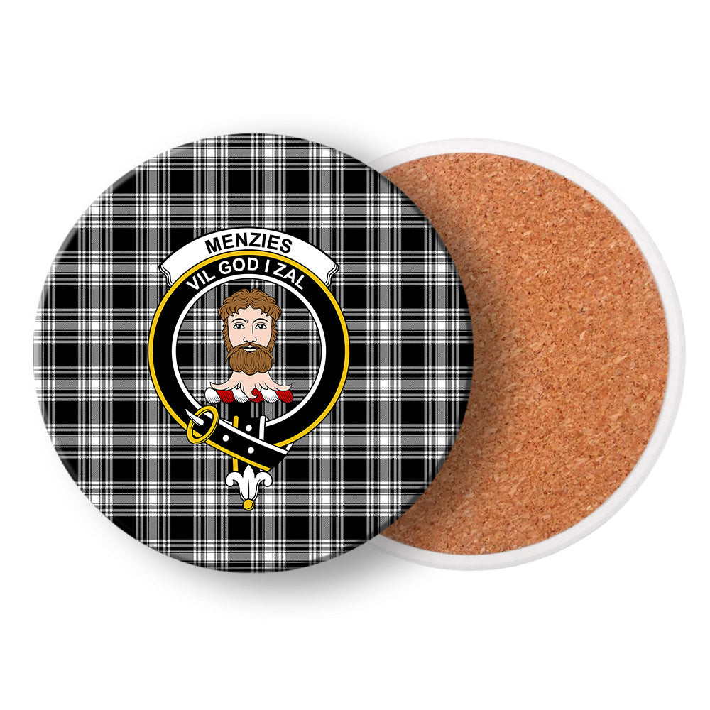 ScotsTee Shop Scottish Menzies Black & White Modern Crest Tartan Drinks Coasters – Wood, Rubber, Ceramic