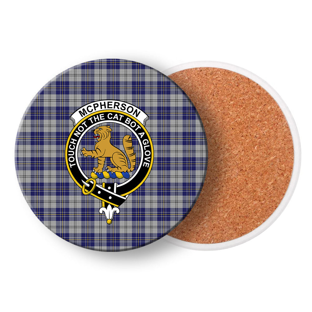 ScotsTee Shop Scottish McPherson Dress Blue Crest Tartan Drinks Coasters – Wood, Rubber, Ceramic