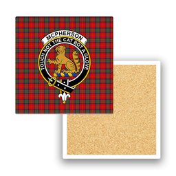 ScotsTee Shop Scottish McPherson of Cluny Modern Crest Tartan Drinks Coasters – Wood, Rubber, Ceramic