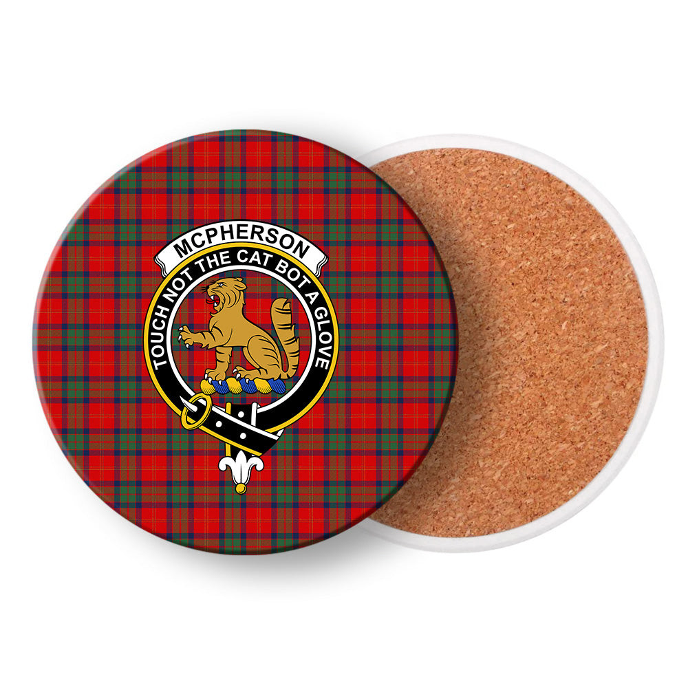 ScotsTee Shop Scottish McPherson of Cluny Modern Crest Tartan Drinks Coasters – Wood, Rubber, Ceramic