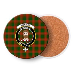 ScotsTee Shop Scottish Menzies Green Modern Crest Tartan Drinks Coasters – Wood, Rubber, Ceramic