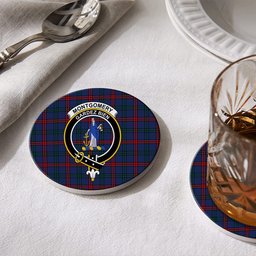 ScotsTee Shop Scottish Montgomery of Ayrshire Modern Crest Tartan Drinks Coasters – Wood, Rubber, Ceramic