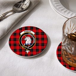 ScotsTee Shop Scottish Ramsay of Dalhousie (Ramsay Red) Modern Crest Tartan Drinks Coasters – Wood, Rubber, Ceramic