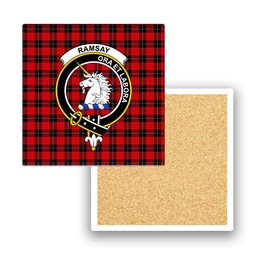 ScotsTee Shop Scottish Ramsay of Dalhousie (Ramsay Red) Modern Crest Tartan Drinks Coasters – Wood, Rubber, Ceramic